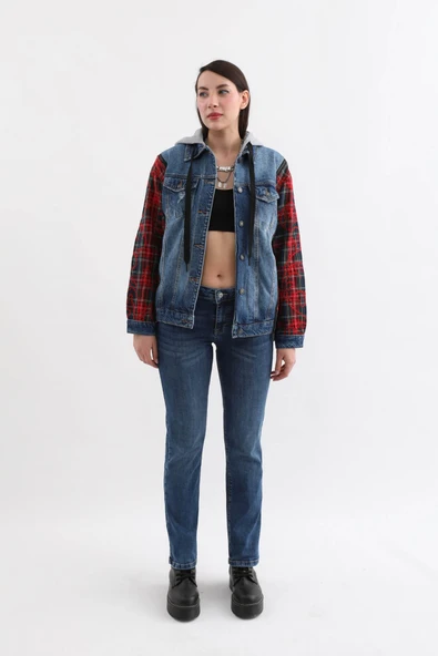 Kadın Fermuar Detaylı Kapüşonlu Jean Ceket - 4