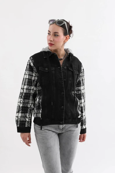 Kadın Fermuar Detaylı Kapüşonlu Jean Ceket - 12