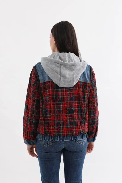 Kadın Fermuar Detaylı Kapüşonlu Jean Ceket - 10