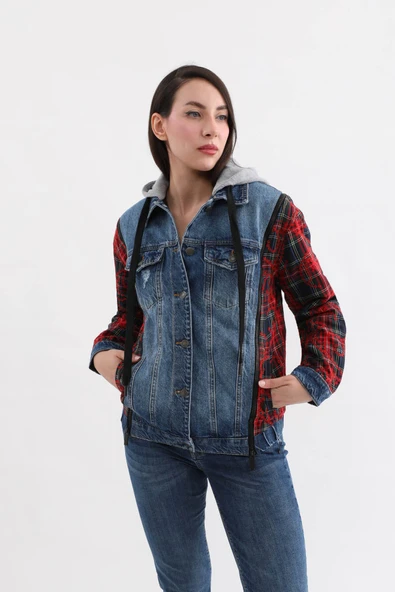 Kadın Fermuar Detaylı Kapüşonlu Jean Ceket - 5