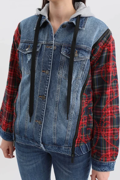 Kadın Fermuar Detaylı Kapüşonlu Jean Ceket - 7