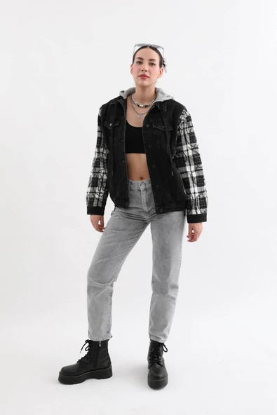 Kadın Fermuar Detaylı Kapüşonlu Jean Ceket - 11