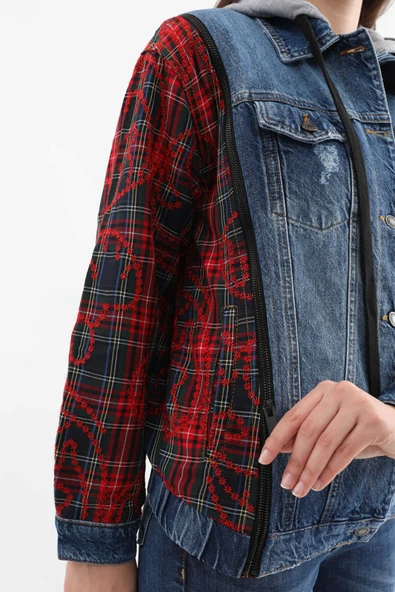 Kadın Fermuar Detaylı Kapüşonlu Jean Ceket - 9