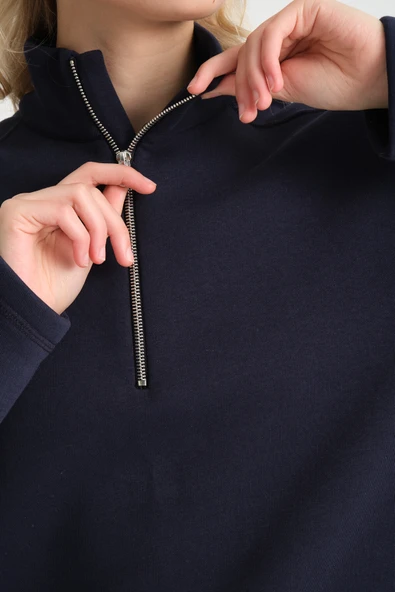 Kadın Rahat Kalıp İçi Polarlı 3 iplik Yarım Fermuarlı SweatShırt spr24swK21 - 4