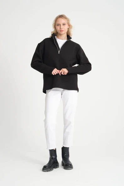 Kadın Rahat Kalıp İçi Polarlı 3 iplik Yarım Fermuarlı SweatShırt spr24swK21 - 11