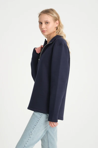 Kadın Rahat Kalıp İçi Polarlı 3 iplik Yarım Fermuarlı SweatShırt spr24swK21 - 6