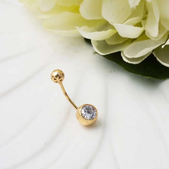 Klasik Tek Taşlı 14 Ayar Altın Göbek Piercing - Resim 2