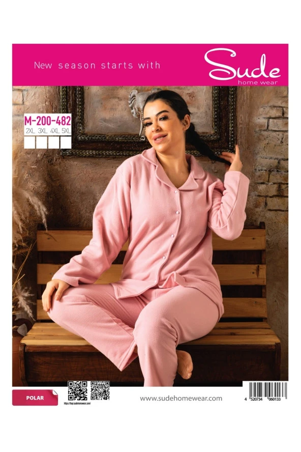 M-200-482 BATTAL GÖMLEK POLAR BAYAN PİJAMA TAKIM PUDRA