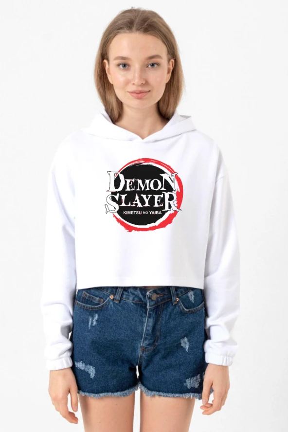 Demon Slayer Anime Squad Demon Slayer Kimetsu No Yaiba Beyaz Optik Kadın Crop Kapşonlu