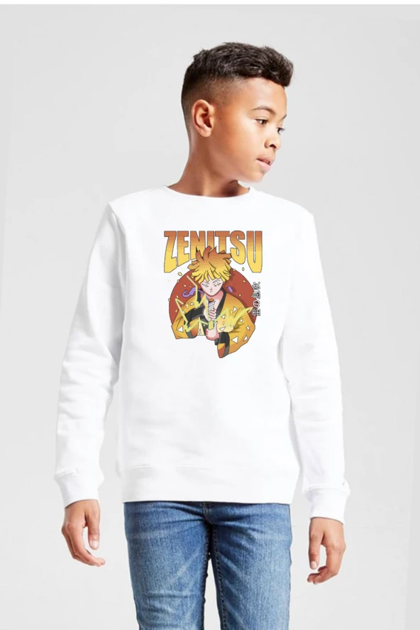 Demon Slayer Anime Zenitsu Poster Beyaz Çocuk 2ip Sweatshirt