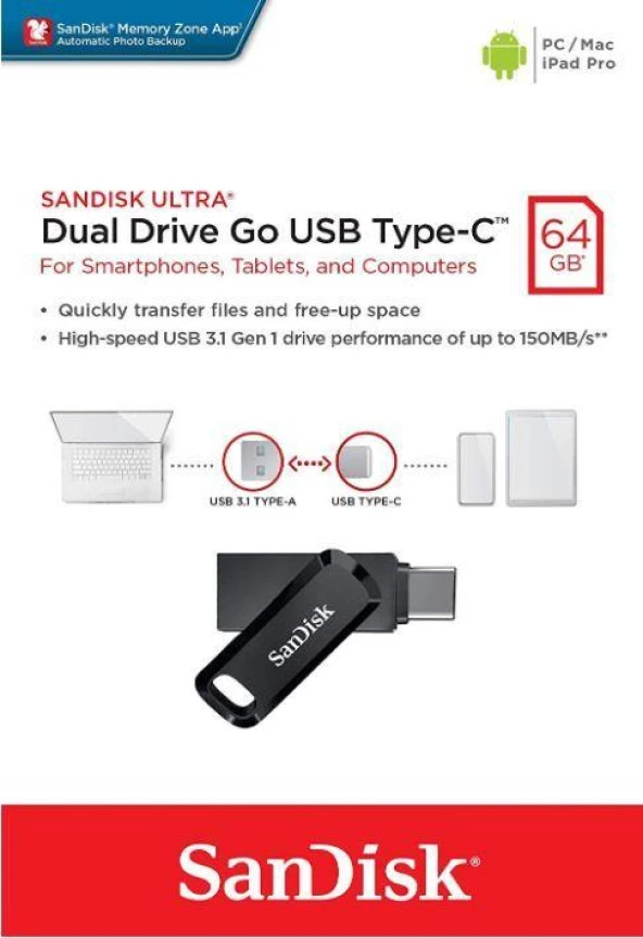 Sandisk 64GB Ultra Dual Drive Go USB Type-C Flash Drive SDDDC3-064G-G46