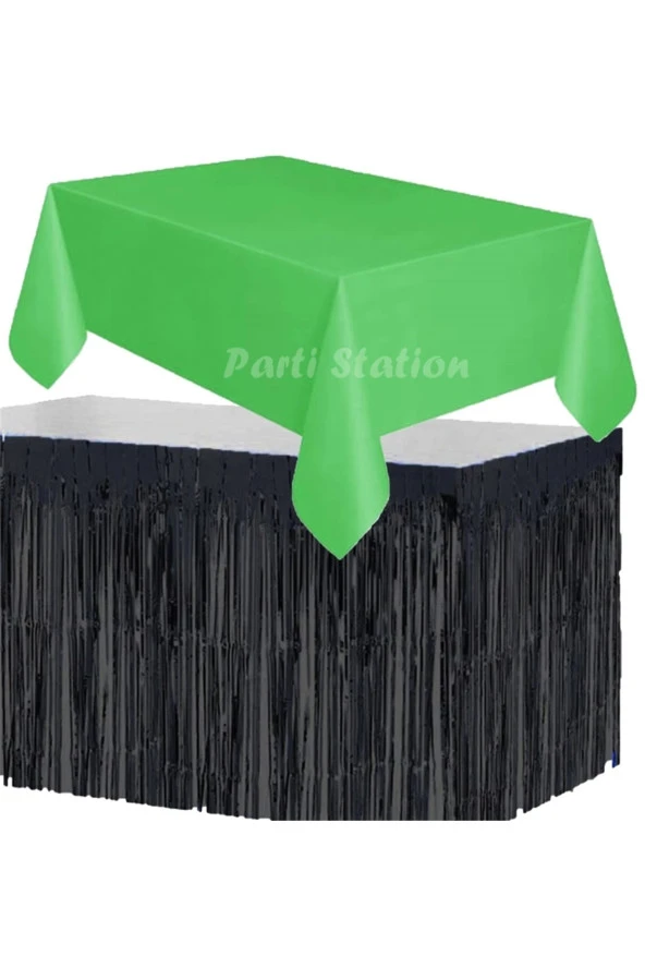 Masa Örtüsü ve Masa Eteği Set Plastik Yeşil Renk Masa Örtüsü Siyah Renk Metalize Masa Eteği Set
