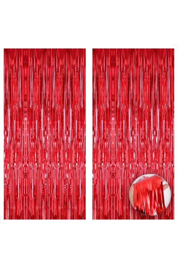 2 Adet Kırmızı Renk Metalize Arka Fon Perdesi ve 1 Adet Plastik Turuncu Renk Masa Örtüsü Set