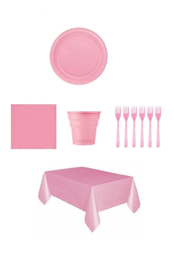 Pembe Renk Plastik Tabak, Bardak, Çatal, Peçete Ve Tek Kullanımlık Masa Örtüsü Seti