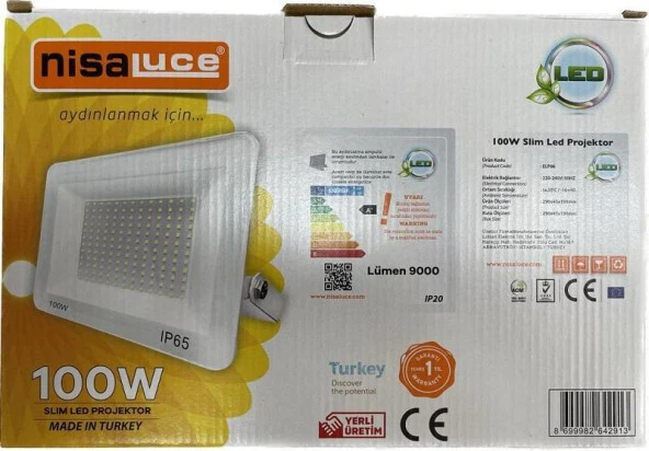 NisaLuce 100W Slim Led Projektör 3000K IP66 - 3