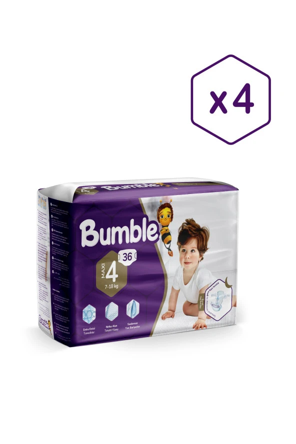 BUMBLE 4 Numara Maxi Bebek Bezi Eko 4lü Paket (7-18)kg 144 Adet