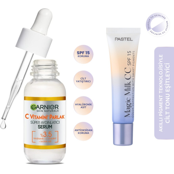 Garnier C Vitamini Parlak Süper Aydınlatıcı Serum (30 ml) + Pastel Ton Eşitleyici SPF 15 CC Krem