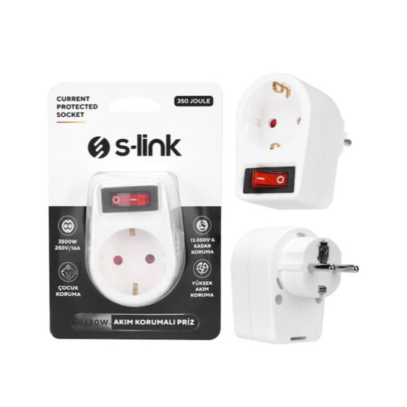 S-Link SL-05P 16A 250V 350 Joule Anahtarlı Akım Korumalı Priz