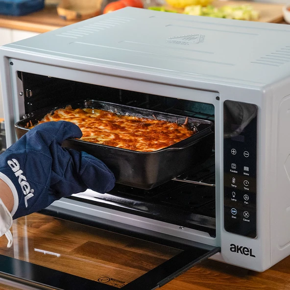 Akel Lambalı, Fanlı, Termostatlı, Saatli, Tavuk Çevirmeli, Çift Tepsili 38 Litre Dijital Midi Fırın AF551E – Gri