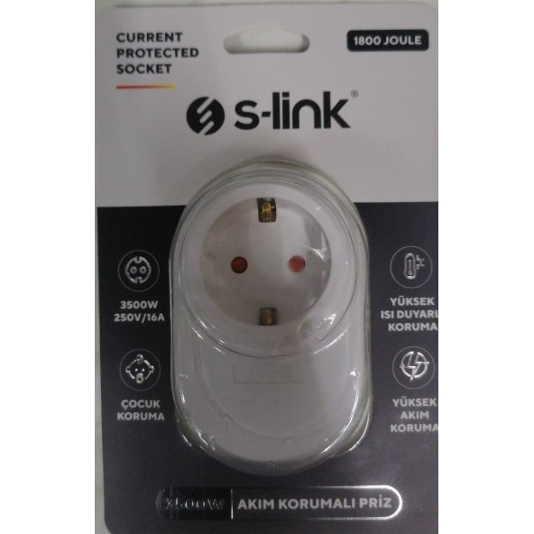 S-Link Sl-08 16A 3500W 1800 Joule Isıya Duyarlı Devre ve Akım Korumalı Tekli Priz