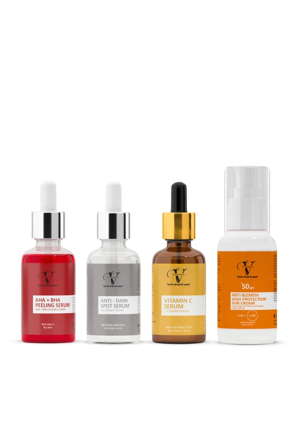 Vitanova AHA+BHA Peeling Serum + Leke Karşıtı Serum + Vitamin C Serum + Güneş Kremi (4 lü Vitanova Set)