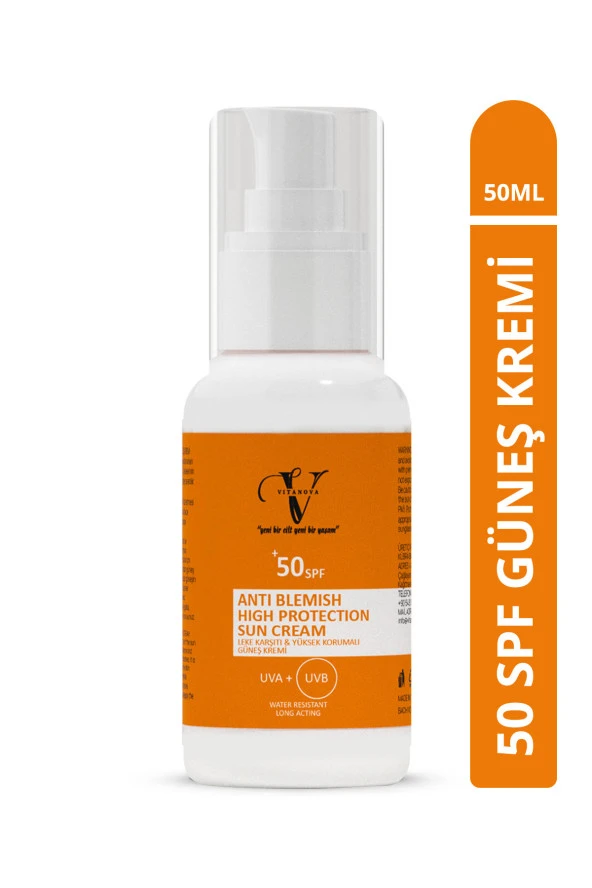 Vitanova Leke Karşıtı SPF 50+ Tüm Ciltler İçin Yüksek Korumalı Nemlendirici Güneş Kremi 50 ML