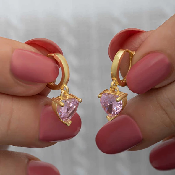 VGD Gümüş Gold Pembe Taşlı Kalpli Kadın Küpe