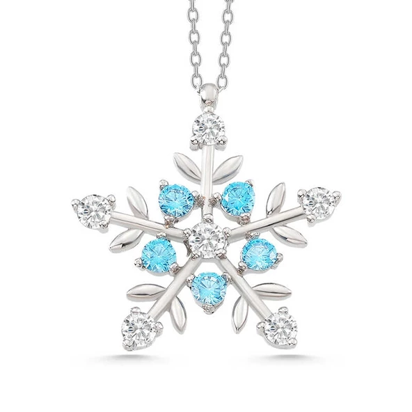 VGD Gümüş Işıklı Kutulu Aquamarine Taşlı Kar Tanesi Kadın Kolye - 2