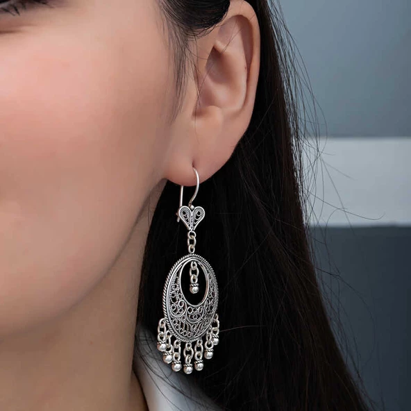 VGD Gümüş Çember Telkari Sallantılı Kadın Küpe - 4