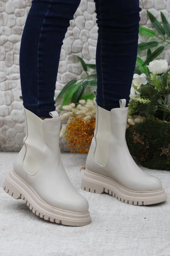 Mehmet Mete 351028 Bej Fashion Yiğimi Lastikli Sıcak Astar Kadın Bot - Resim 4