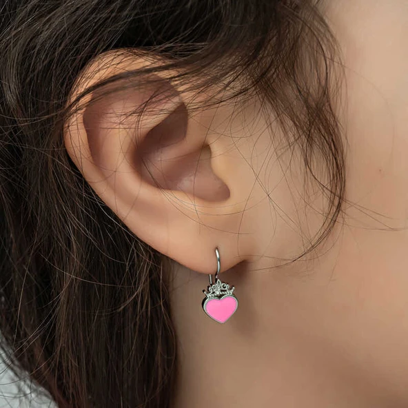 VGD Gumush Gümüş Pembe Kalp Sallantılı Çocuk Küpe - 5