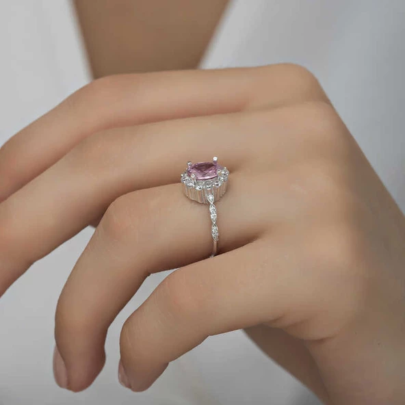 VGD Gümüş Pembe Oval Taşlı Kadın Yüzük - 4