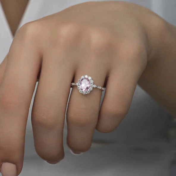 VGD Gümüş Pembe Oval Taşlı Kadın Yüzük - 2