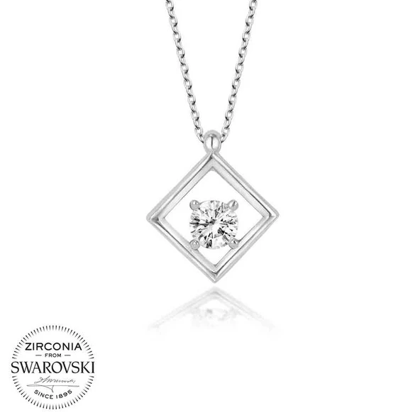 VGD Gumush Swarovski Taşlı Gümüş Dörtgen Bayan Kolye