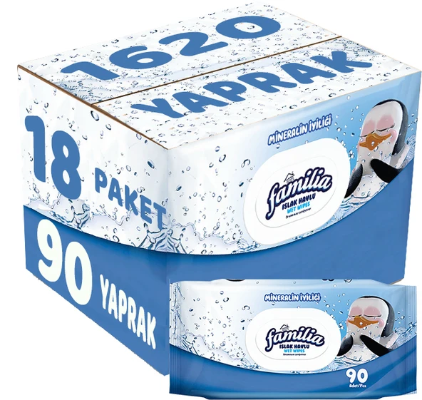 Familia Islak Havlu Mendil Mineralin İyiliği 90 Yaprak Plastik Kapaklı 18 Li Set 1620 Yaprak