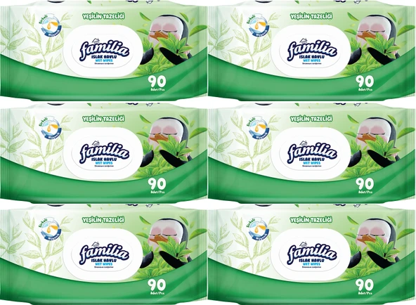 Familia Islak Havlu Mendil Yeşilin Tazeliği 90 Yaprak Plastik Kapaklı 6 Lı Set 540 Yaprak