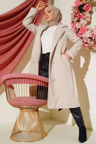 Boydan Düğmeli Kruvaze Yaka Kaşe Kaban Taş ürün görseli 1