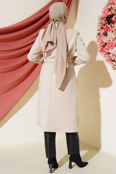 Boydan Düğmeli Kruvaze Yaka Kaşe Kaban Taş - Resim 3