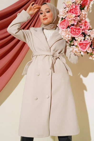 Boydan Düğmeli Kruvaze Yaka Kaşe Kaban Taş - Resim 2