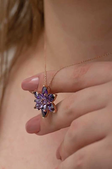 VGD Gumush Gümüş Rose Mor Lotus Çiçeği Kolye