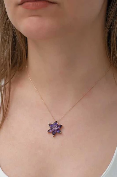 VGD Gumush Gümüş Rose Mor Lotus Çiçeği Kolye - 3