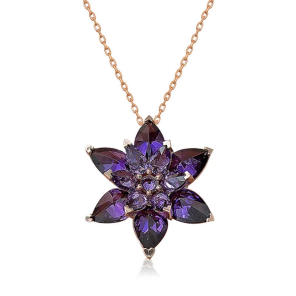 VGD Gumush Gümüş Rose Mor Lotus Çiçeği Kolye - 4
