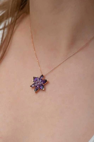 VGD Gumush Gümüş Rose Mor Lotus Çiçeği Kolye - 2