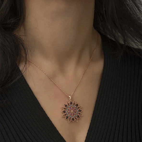 VGD Gumush Gümüş Rose Geometrik Desenli Madalyon Kolye - 2