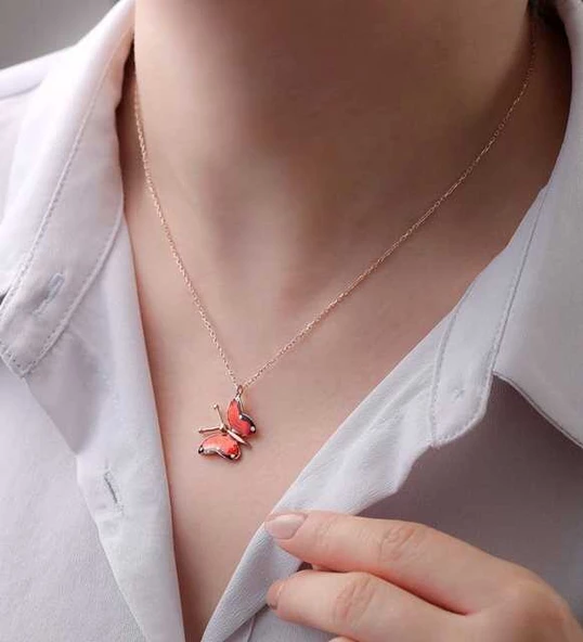 VGD Gümüş Rose Kırmızı Kelebek Kolye - 3