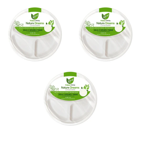 Roll-Up Nature Ekolojik Karton Kağıt Tek Kullanımlık 3 Bölmeli Tabak - 26 Cm. - 50 Adetlik 3 Paket ürün görseli 1