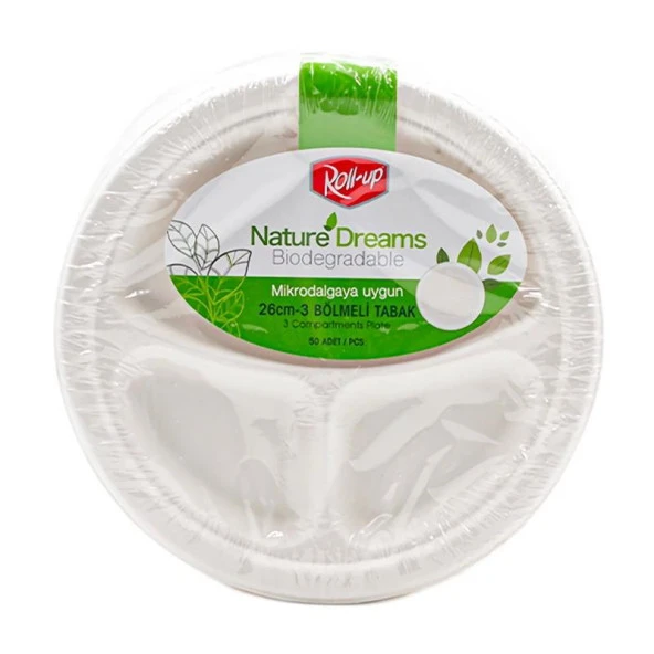 Roll-Up Nature Ekolojik Karton Kağıt Tek Kullanımlık 3 Bölmeli Tabak - 26 Cm. - 50 Adetlik 10 Paket - Resim 3