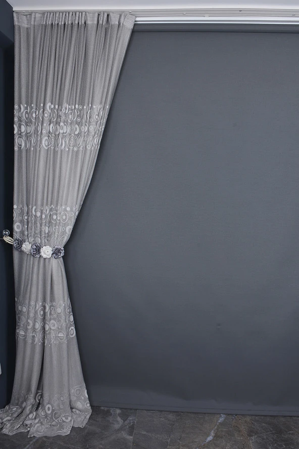 KDK 1560 DESEN GRİ RENK TEK KANAT Hazır dikilmiş Pileli Fon Perde 300*260 cm - Resim 5