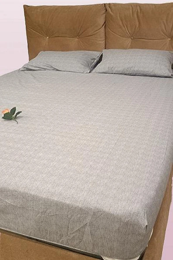 Çarşaf 90298 Fıtted Çift Kişi Keten Tarzı Pamuk Kumaş 2Yastık Kılıflı açık Gri