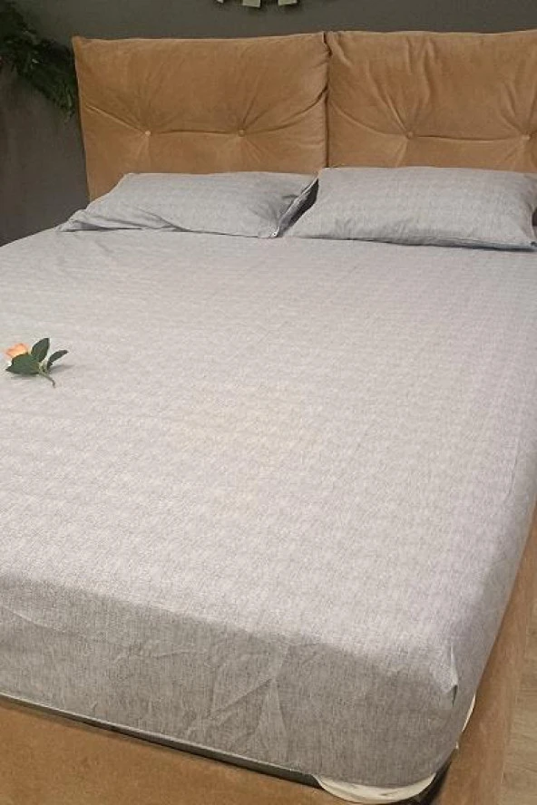 Çarşaf 90298 Fıtted Çift Kişi Keten Tarzı Pamuk Kumaş 2Yastık Kılıflı açık Gri - 5